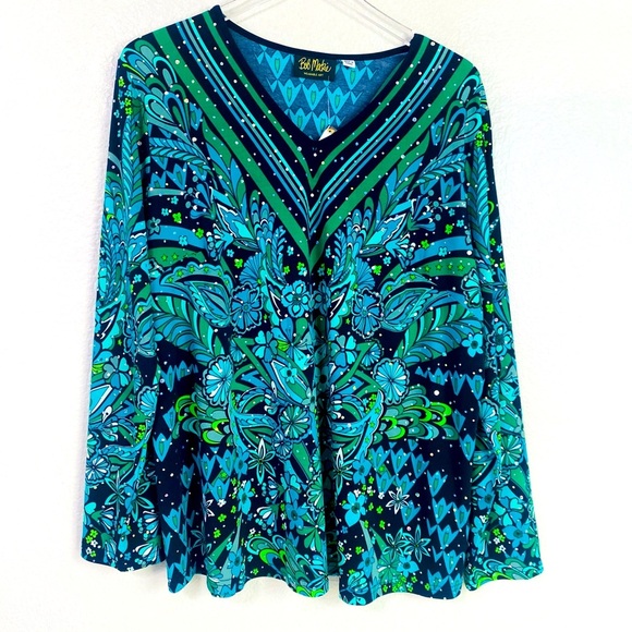 Bob Mackie Wearable Art Iridescent Floral Stretch Long Sleeve Blouse Size XL - Picture 1 of 8